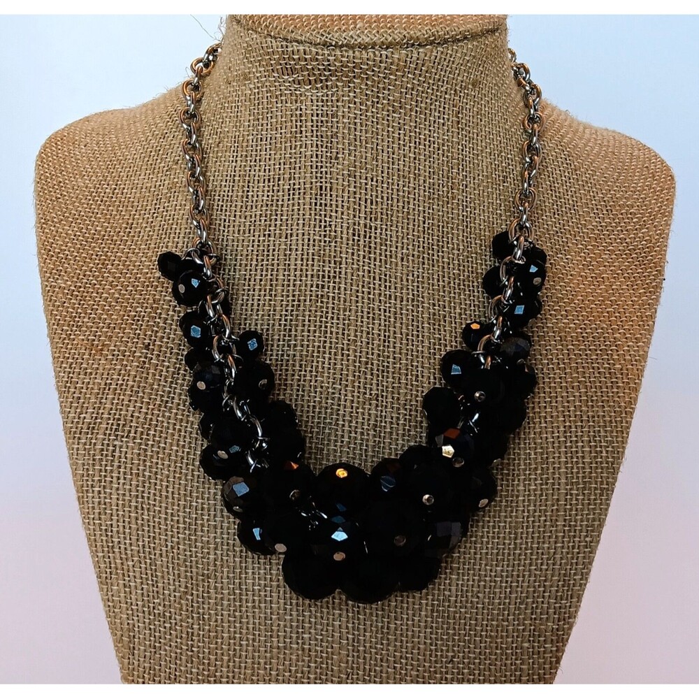 Black & Gray AB Faceted Glass Cluster Statement Necklace 14-17 in